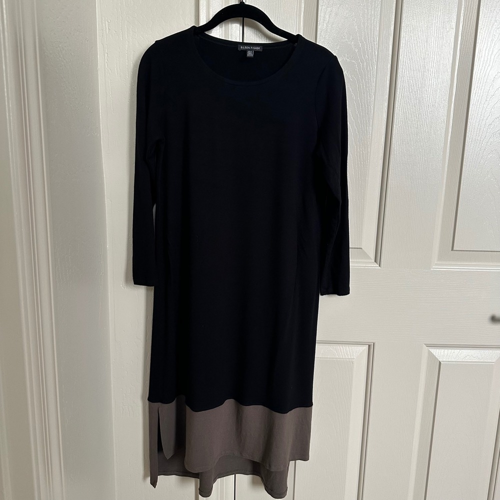 Eileen Fisher Viscose Jersey Colorblock‎ Tunic Dress - Black & Ash - XXS